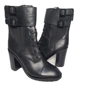 Tory Burch women combat boots black riding biker lace buckles Brooke sz 9.5 new